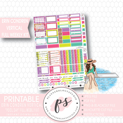 Pool Day Full Weekly Kit Printable Planner Stickers (for use with Erin Condren Vertical) - Plannerologystudio