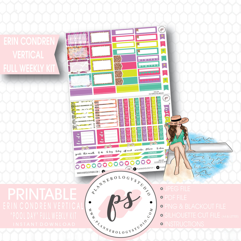 Pool Day Full Weekly Kit Printable Planner Stickers (for use with Erin Condren Vertical) - Plannerologystudio