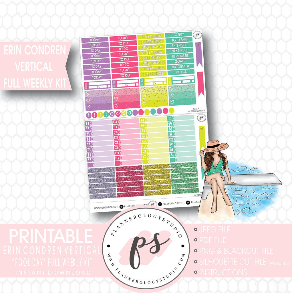 Pool Day Full Weekly Kit Printable Planner Stickers (for use with Erin Condren Vertical) - Plannerologystudio