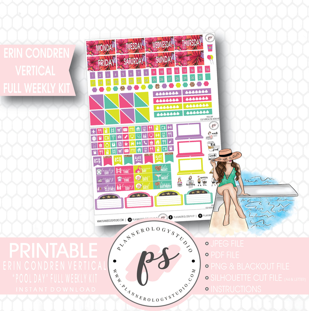 Pool Day Full Weekly Kit Printable Planner Stickers (for use with Erin Condren Vertical) - Plannerologystudio