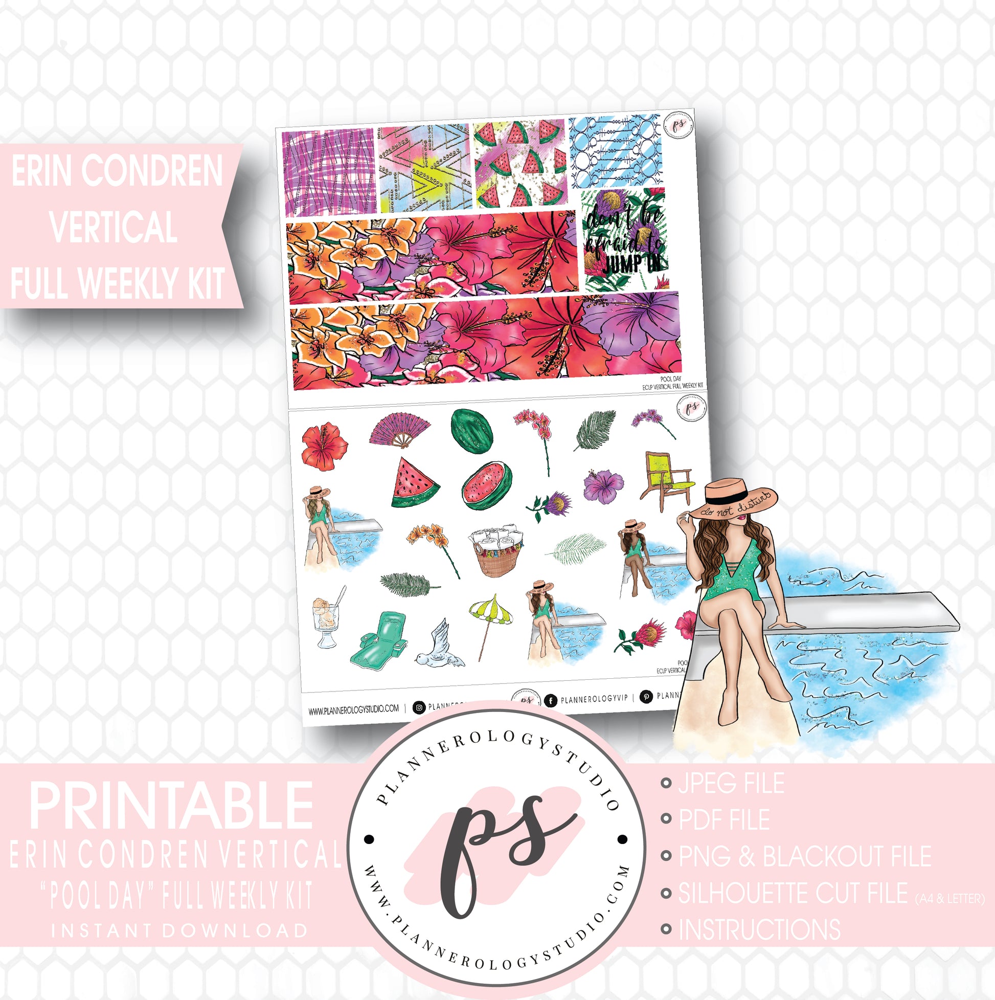 Pool Day Full Weekly Kit Printable Planner Stickers (for use with Erin Condren Vertical) - Plannerologystudio
