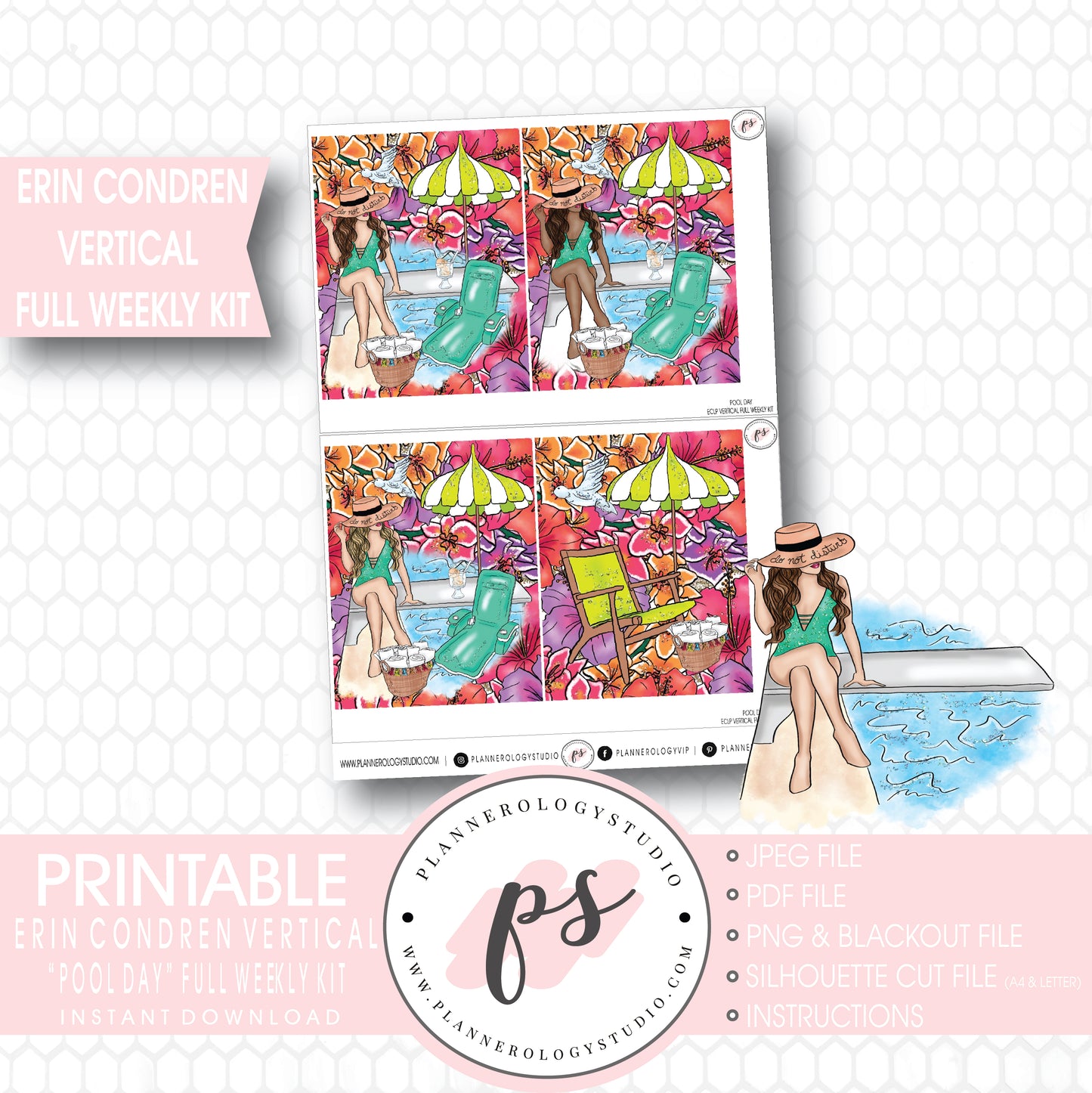 Pool Day Full Weekly Kit Printable Planner Stickers (for use with Erin Condren Vertical) - Plannerologystudio