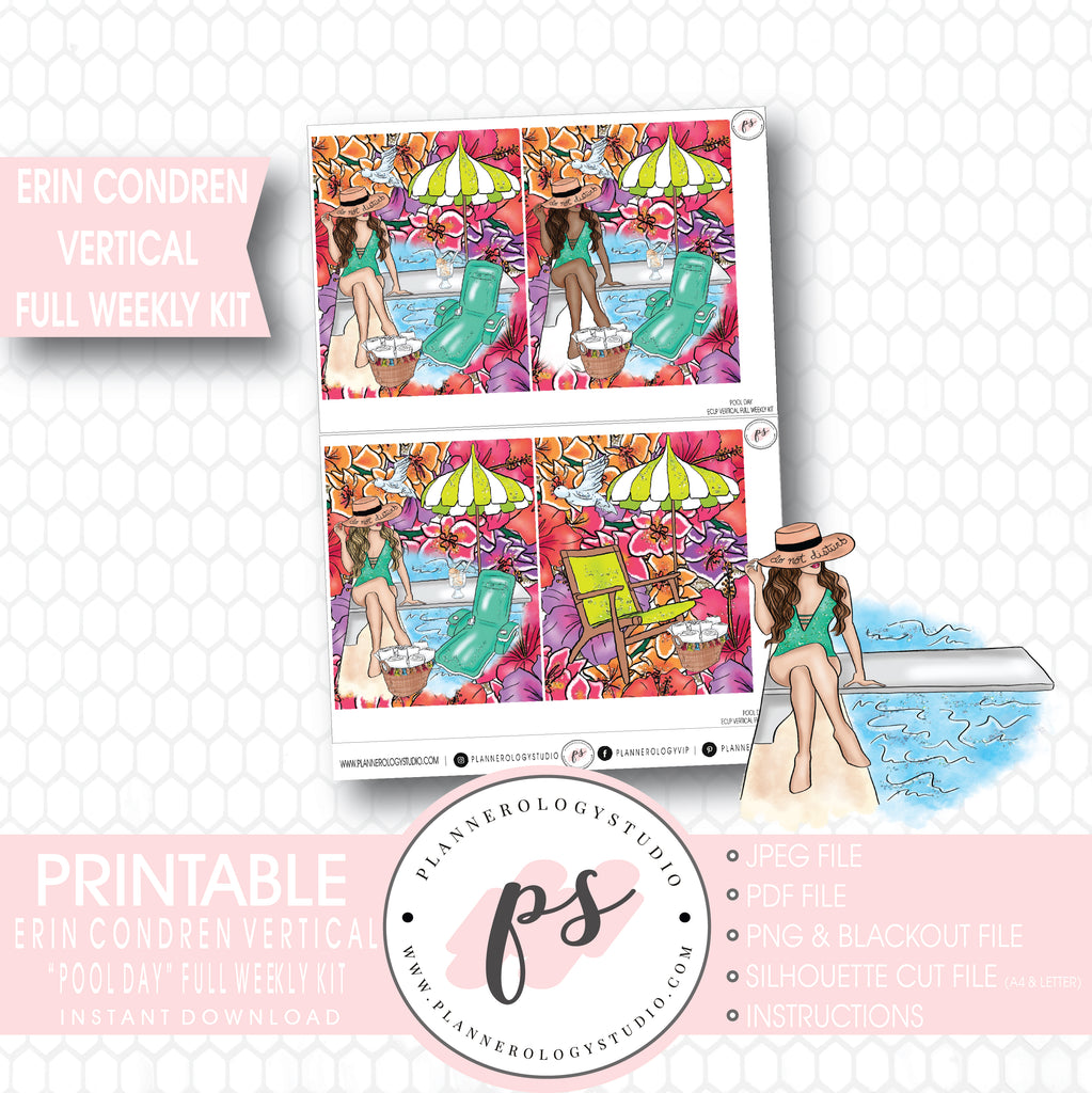 Pool Day Full Weekly Kit Printable Planner Stickers (for use with Erin Condren Vertical) - Plannerologystudio