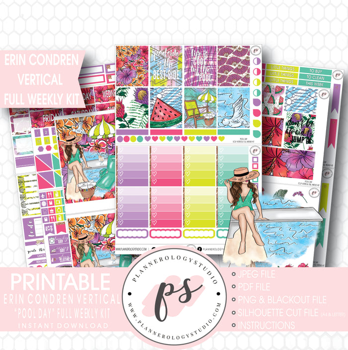 Pool Day Full Weekly Kit Printable Planner Stickers (for use with Erin Condren Vertical) - Plannerologystudio
