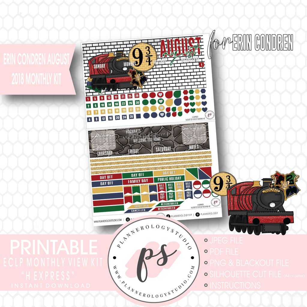 H Express (Harry Potter) August 2018 Monthly View Kit Digital Printable Planner Stickers (for use with Erin Condren) - Plannerologystudio