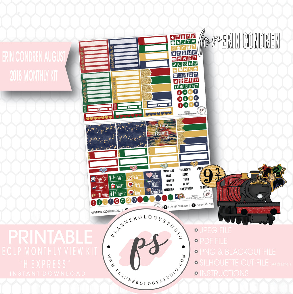 H Express (Harry Potter) August 2018 Monthly View Kit Digital Printable Planner Stickers (for use with Erin Condren) - Plannerologystudio