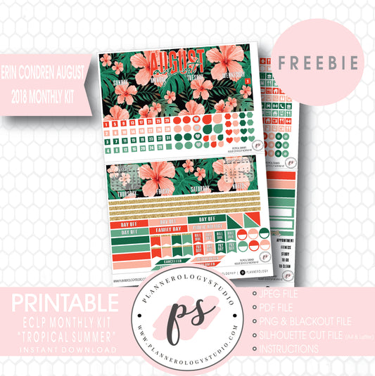 Tropical Summer ECLP Erin Condren August 2018 Monthly Kit Digital Printable Planner Stickers (PDF/JPG/PNG/Silhouette Cut File Freebie) - Plannerologystudio