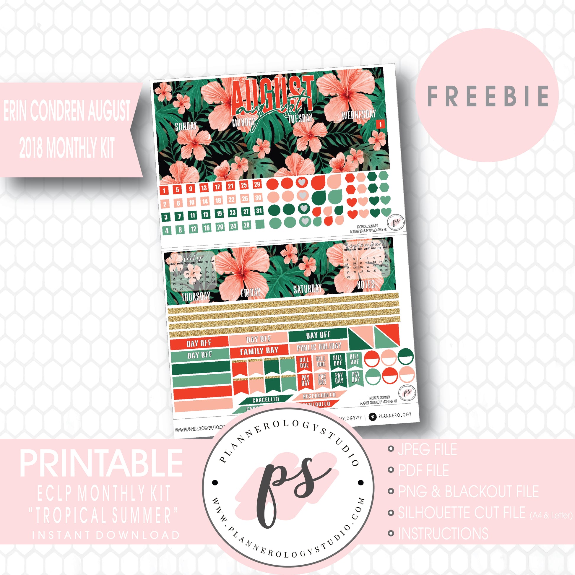 Tropical Summer ECLP Erin Condren August 2018 Monthly Kit Digital Printable Planner Stickers (PDF/JPG/PNG/Silhouette Cut File Freebie) - Plannerologystudio