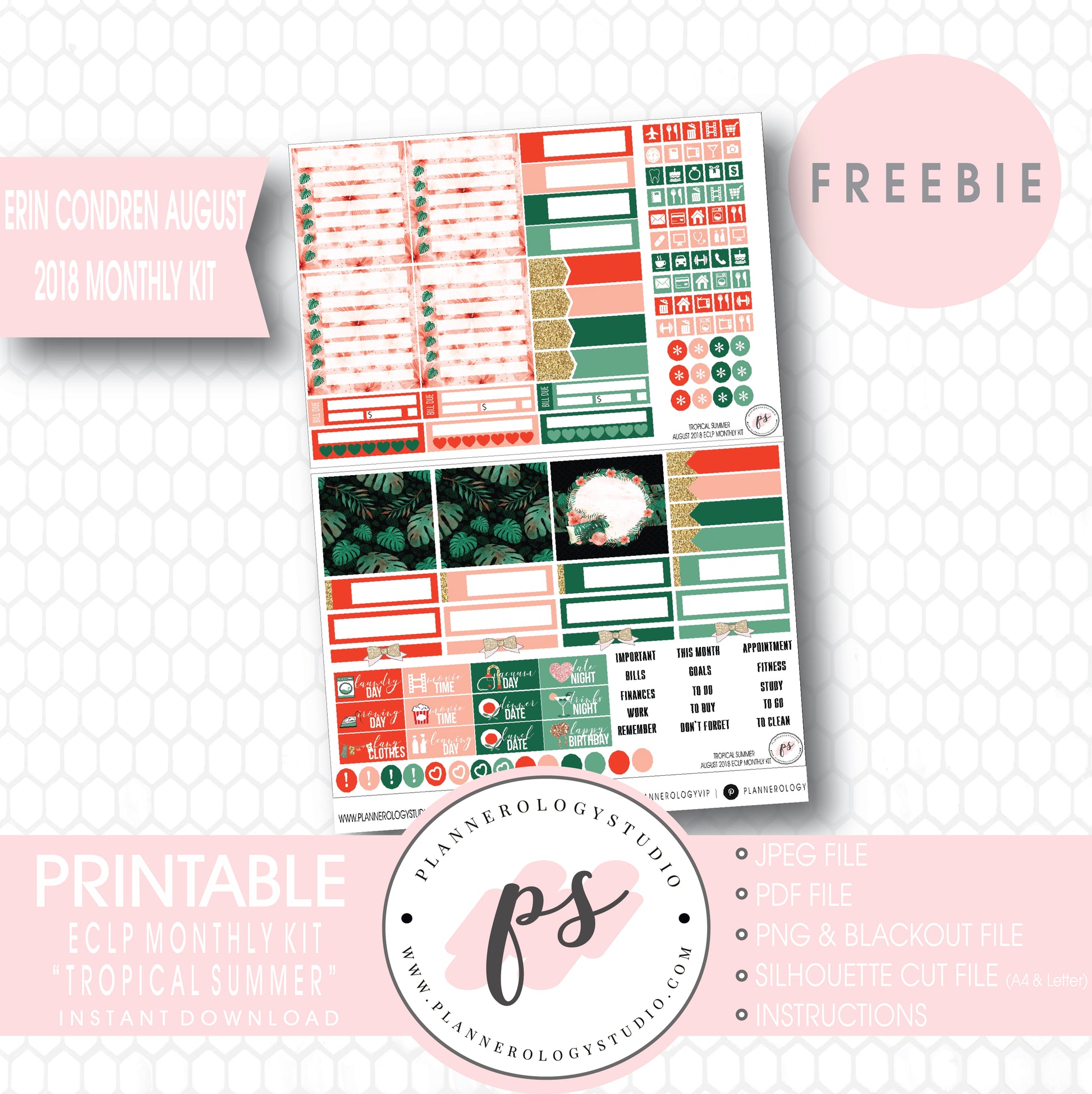 Tropical Summer ECLP Erin Condren August 2018 Monthly Kit Digital Printable Planner Stickers (PDF/JPG/PNG/Silhouette Cut File Freebie) - Plannerologystudio