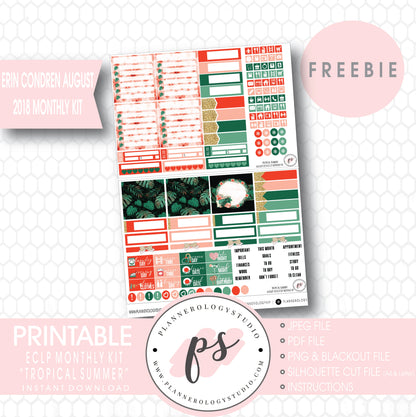 Tropical Summer ECLP Erin Condren August 2018 Monthly Kit Digital Printable Planner Stickers (PDF/JPG/PNG/Silhouette Cut File Freebie) - Plannerologystudio