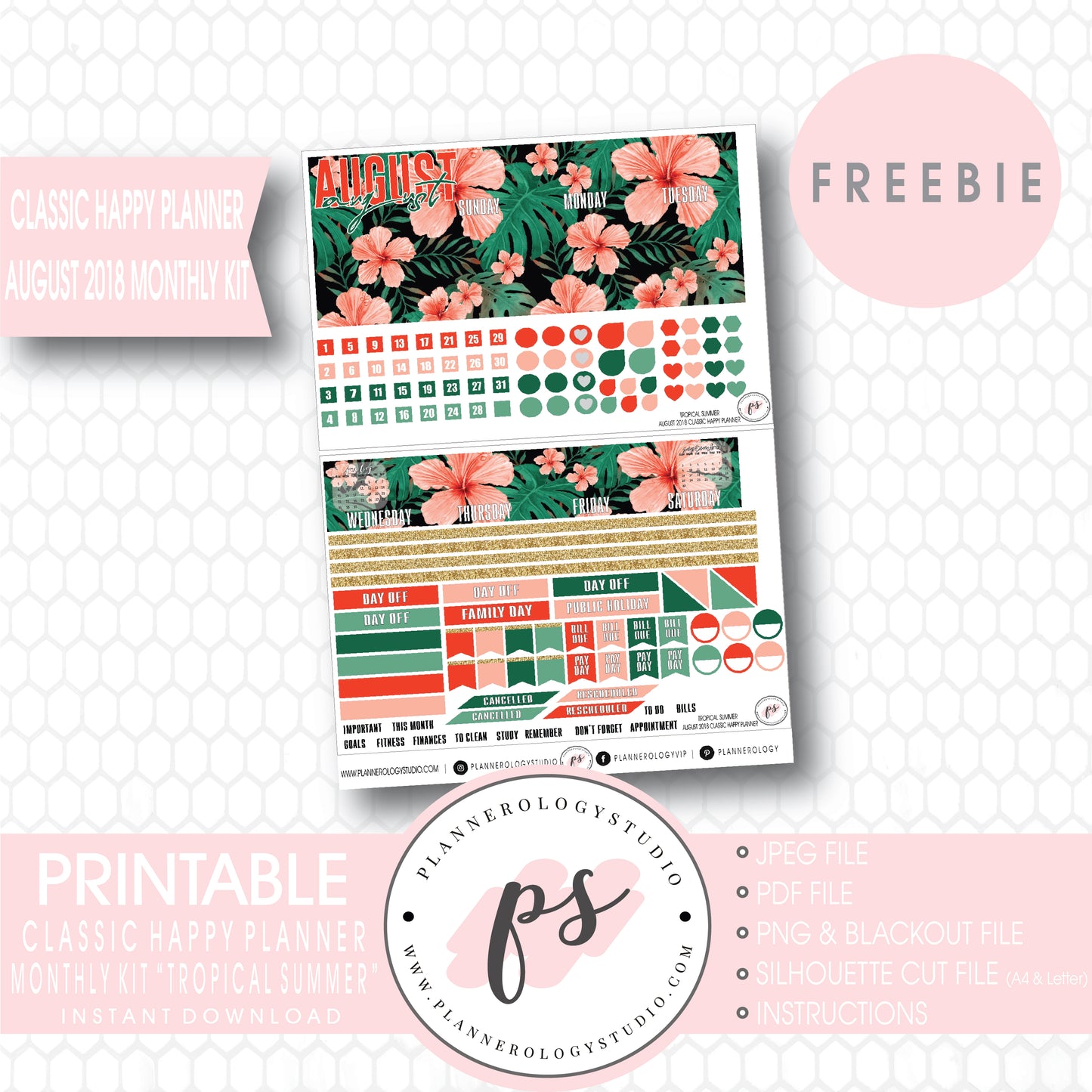 Tropical Summer Classic Happy Planner August 2018 Monthly Kit Digital Printable Planner Stickers (PDF/JPG/PNG/Silhouette Cut File Freebie) - Plannerologystudio