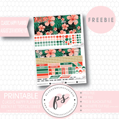 Tropical Summer Classic Happy Planner August 2018 Monthly Kit Digital Printable Planner Stickers (PDF/JPG/PNG/Silhouette Cut File Freebie) - Plannerologystudio