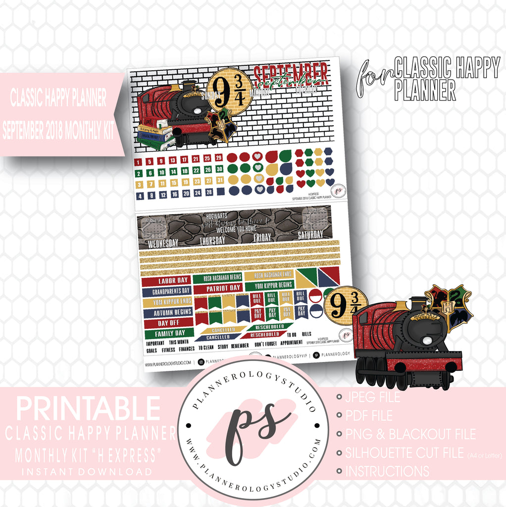 H Express (Harry Potter) September 2018 Monthly View Kit Digital Printable Planner Stickers (for use with Classic Happy Planner) - Plannerologystudio