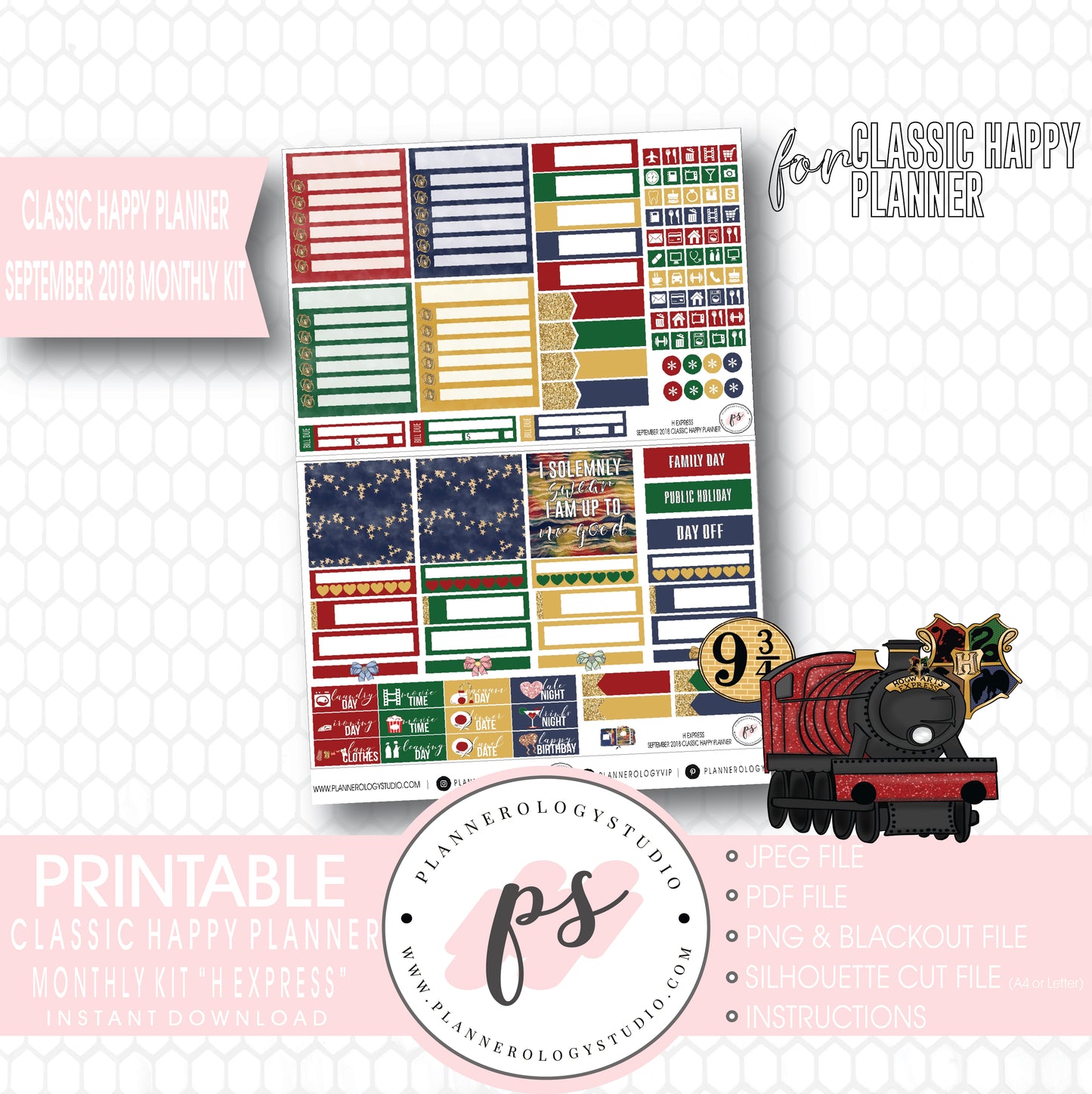 H Express (Harry Potter) September 2018 Monthly View Kit Digital Printable Planner Stickers (for use with Classic Happy Planner) - Plannerologystudio