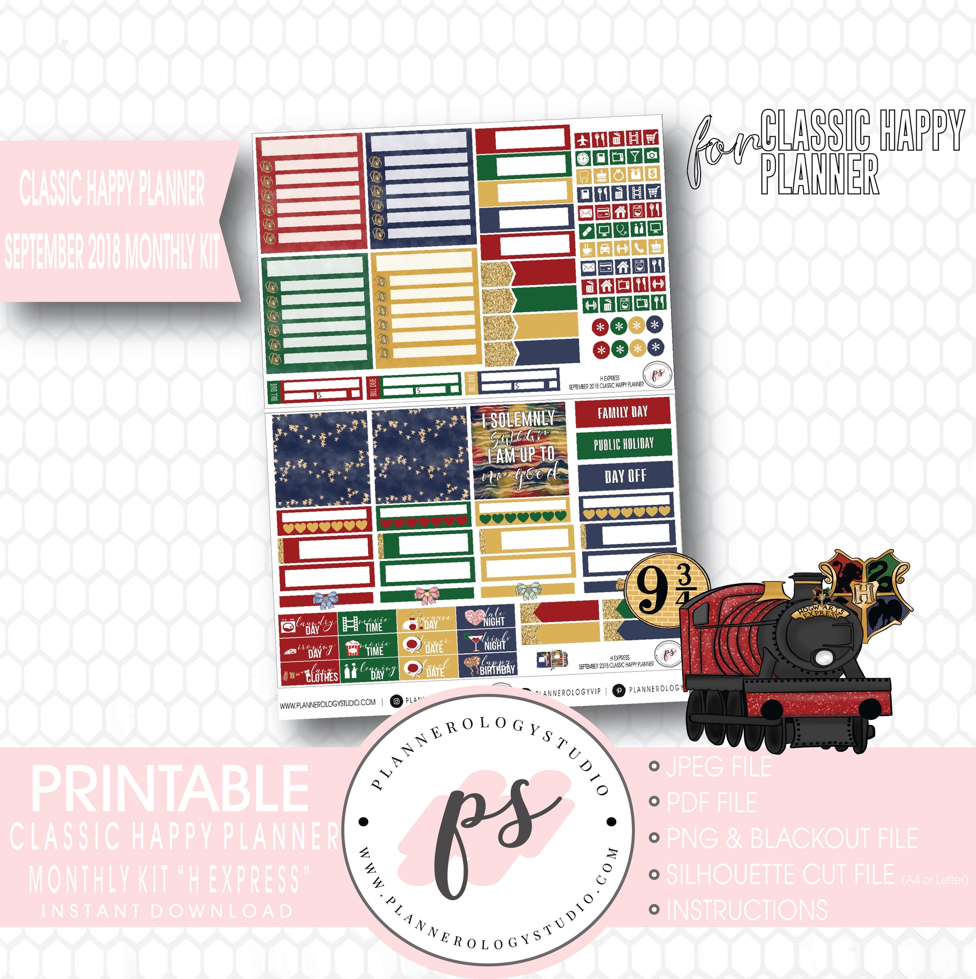 H Express (Harry Potter) September 2018 Monthly View Kit Digital Printable Planner Stickers (for use with Classic Happy Planner) - Plannerologystudio