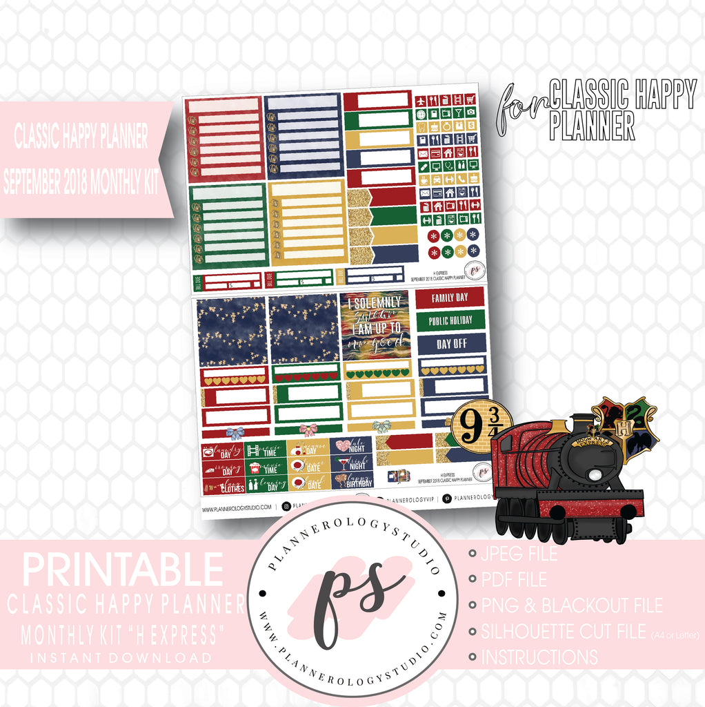 H Express (Harry Potter) September 2018 Monthly View Kit Digital Printable Planner Stickers (for use with Classic Happy Planner) - Plannerologystudio