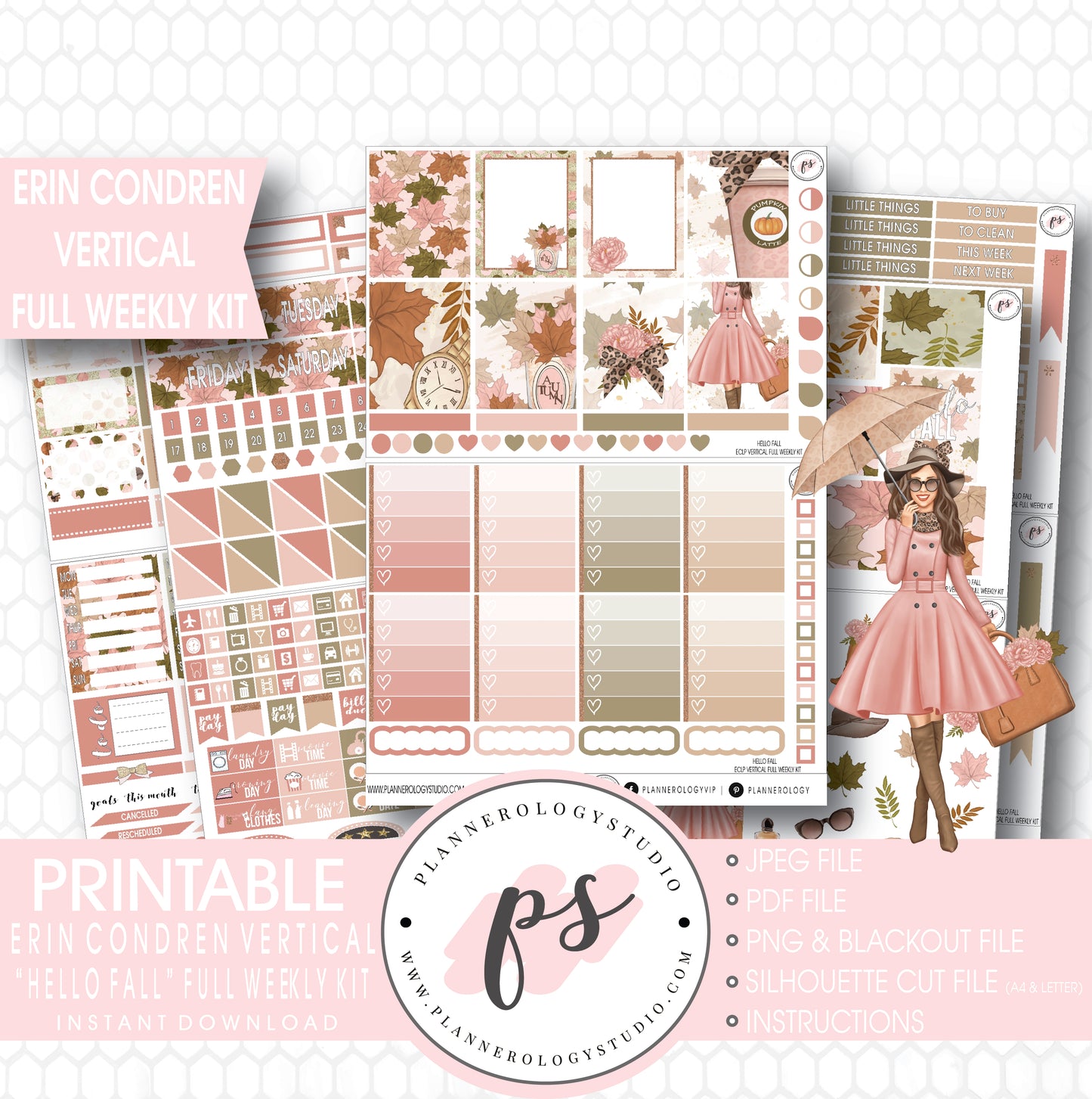 Hello Fall Full Weekly Kit Printable Planner Stickers (for use with Erin Condren Vertical) - Plannerologystudio