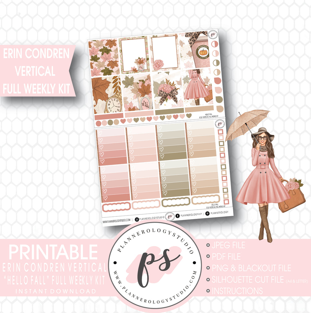 Hello Fall Full Weekly Kit Printable Planner Stickers (for use with Erin Condren Vertical) - Plannerologystudio