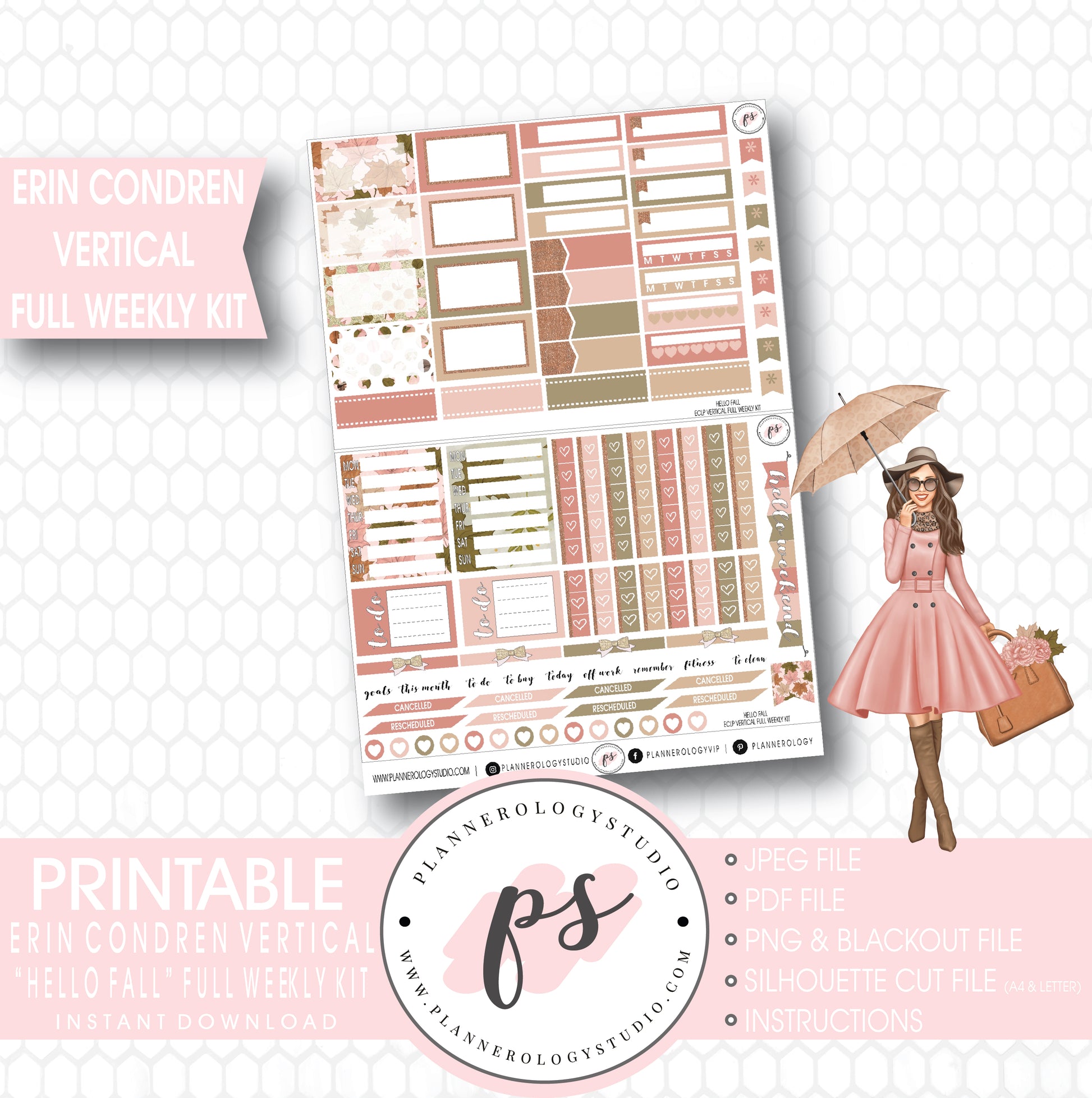 Hello Fall Full Weekly Kit Printable Planner Stickers (for use with Erin Condren Vertical) - Plannerologystudio