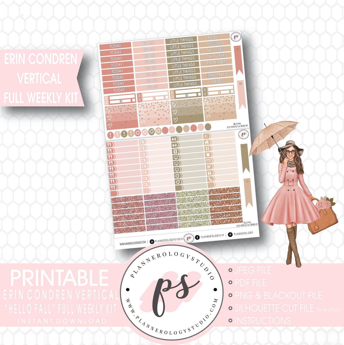 Hello Fall Full Weekly Kit Printable Planner Stickers (for use with Erin Condren Vertical) - Plannerologystudio