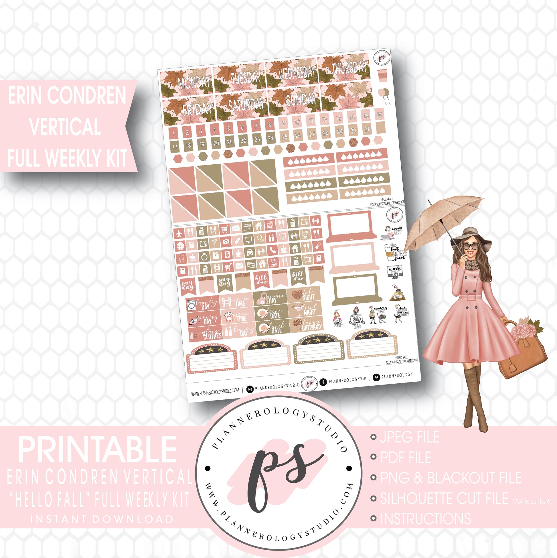 Hello Fall Full Weekly Kit Printable Planner Stickers (for use with Erin Condren Vertical) - Plannerologystudio