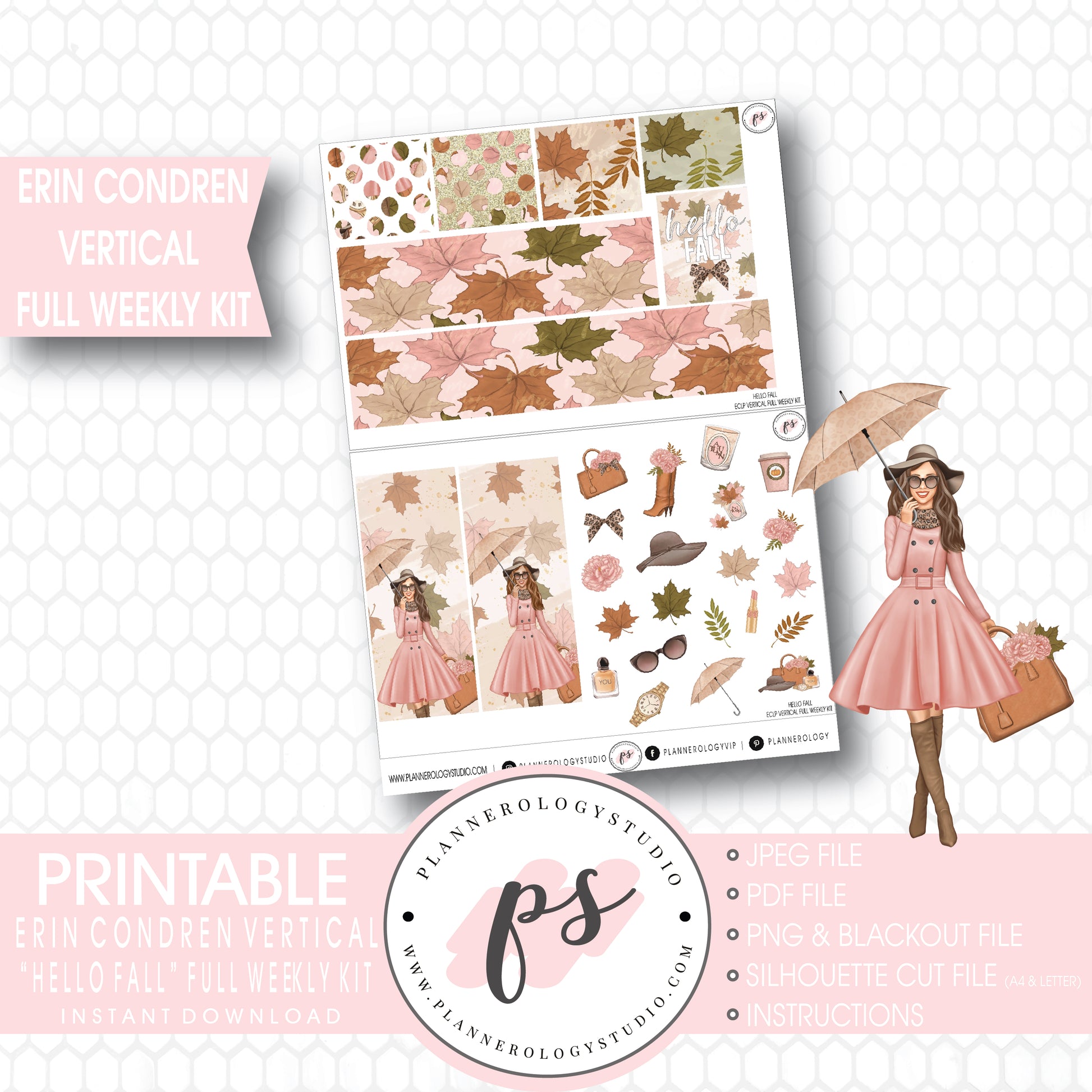 Hello Fall Full Weekly Kit Printable Planner Stickers (for use with Erin Condren Vertical) - Plannerologystudio