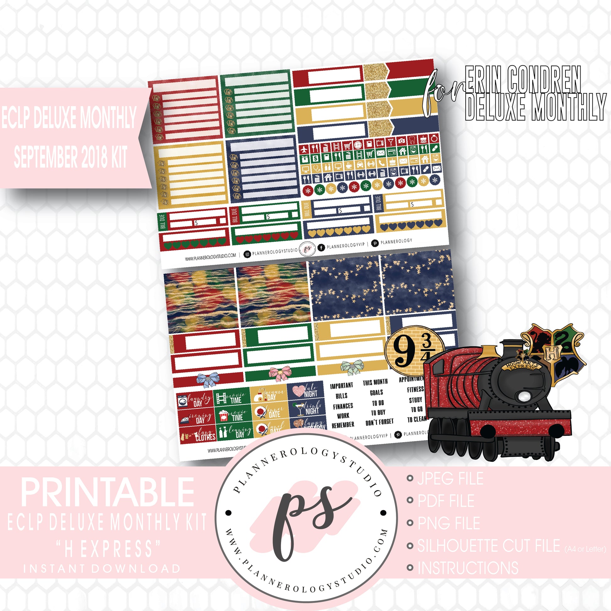 H Express (Harry Potter) September 2018 Monthly View Kit Digital Printable Planner Stickers (for use with Erin Condren Deluxe Monthly Planner) - Plannerologystudio