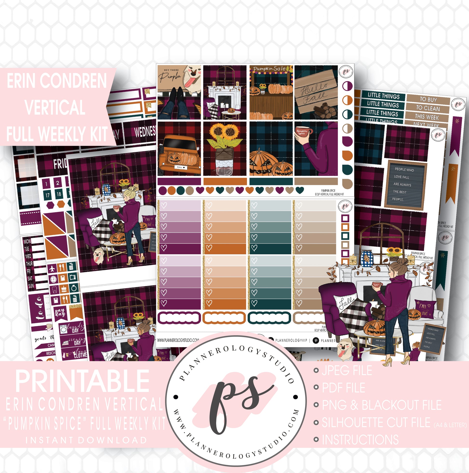 Pumpkin Spice Fall Full Weekly Kit Printable Planner Stickers (for use with Erin Condren Vertical) - Plannerologystudio