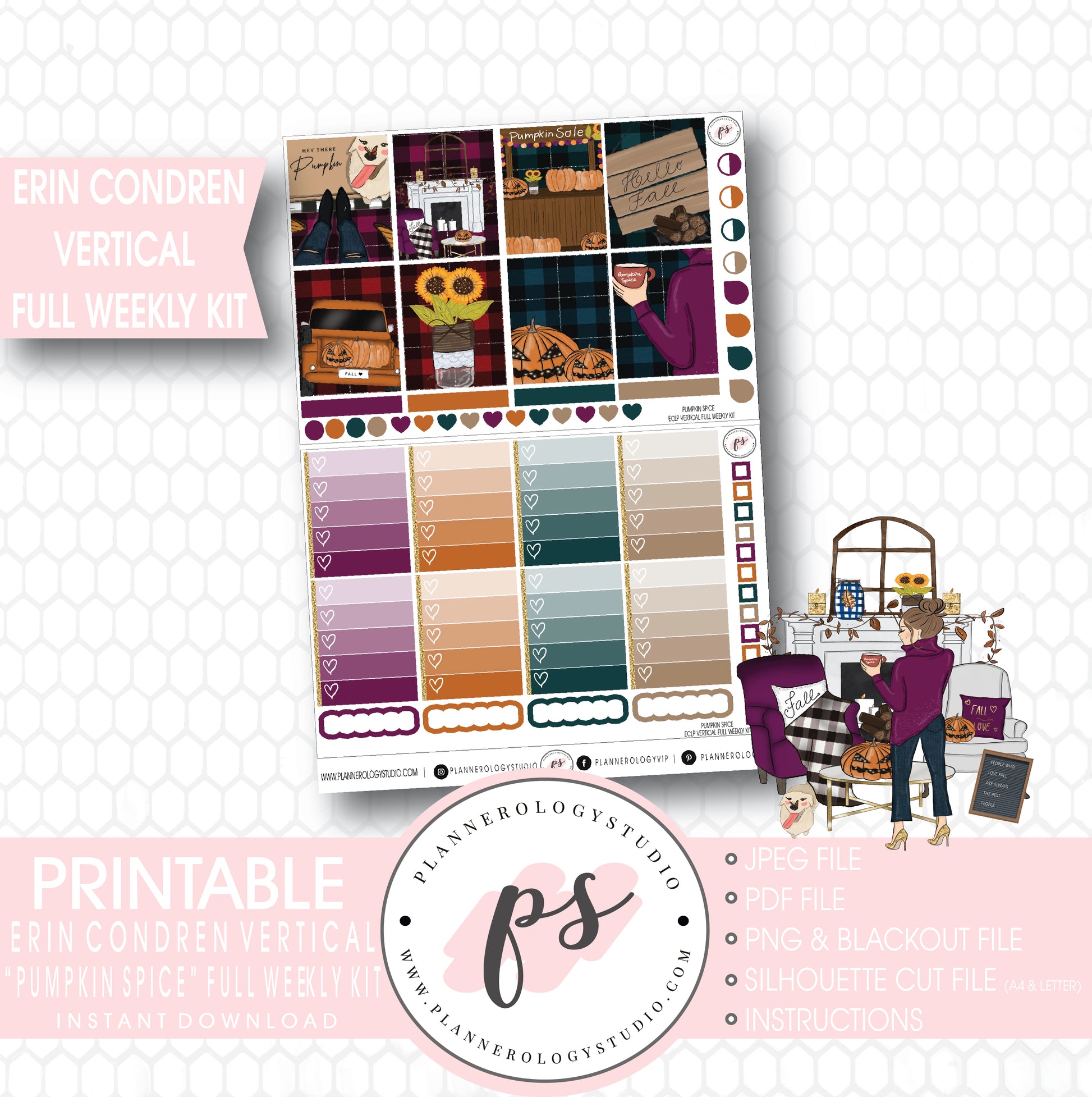 Pumpkin Spice Fall Full Weekly Kit Printable Planner Stickers (for use with Erin Condren Vertical) - Plannerologystudio