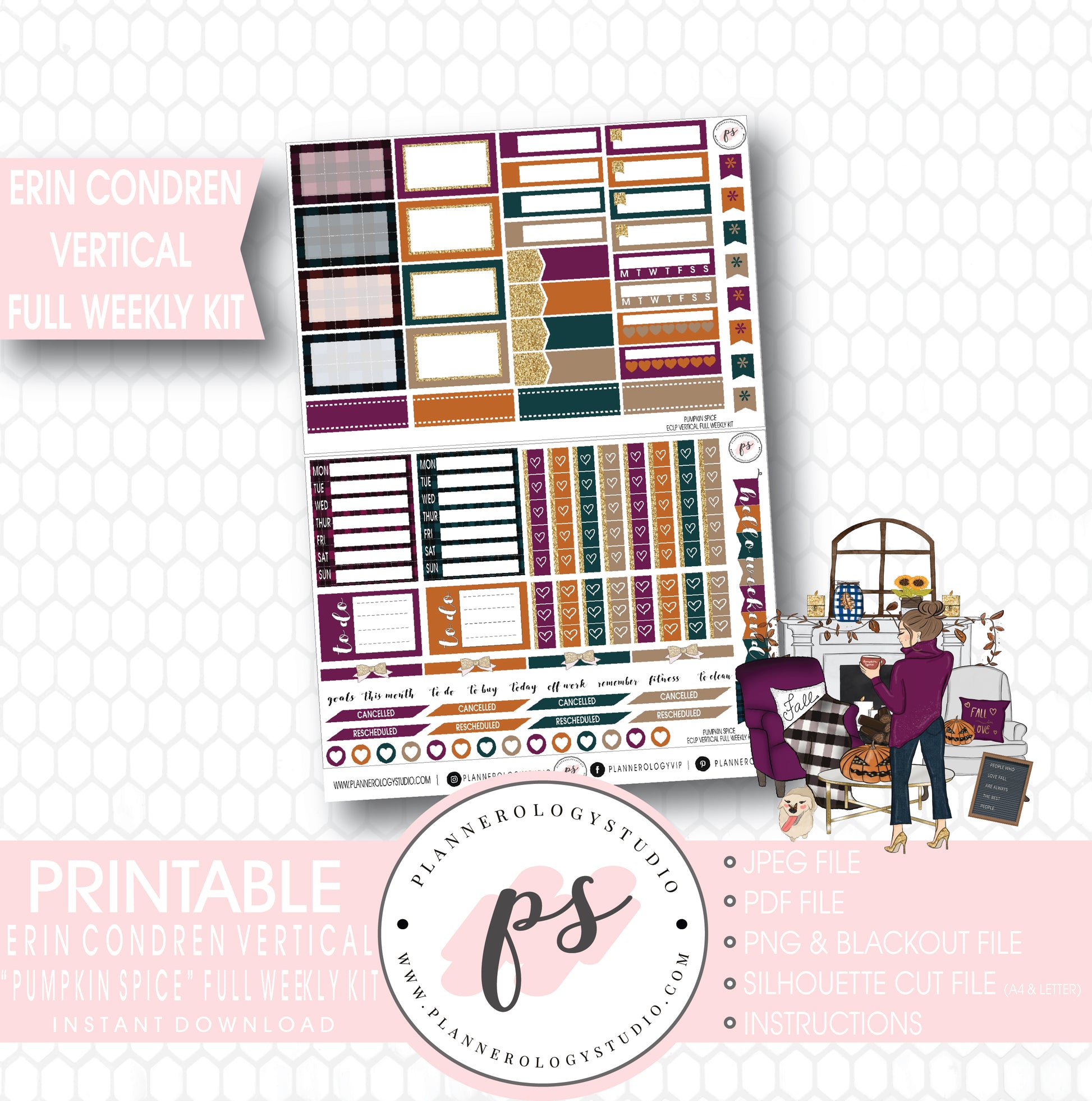 Pumpkin Spice Fall Full Weekly Kit Printable Planner Stickers (for use with Erin Condren Vertical) - Plannerologystudio