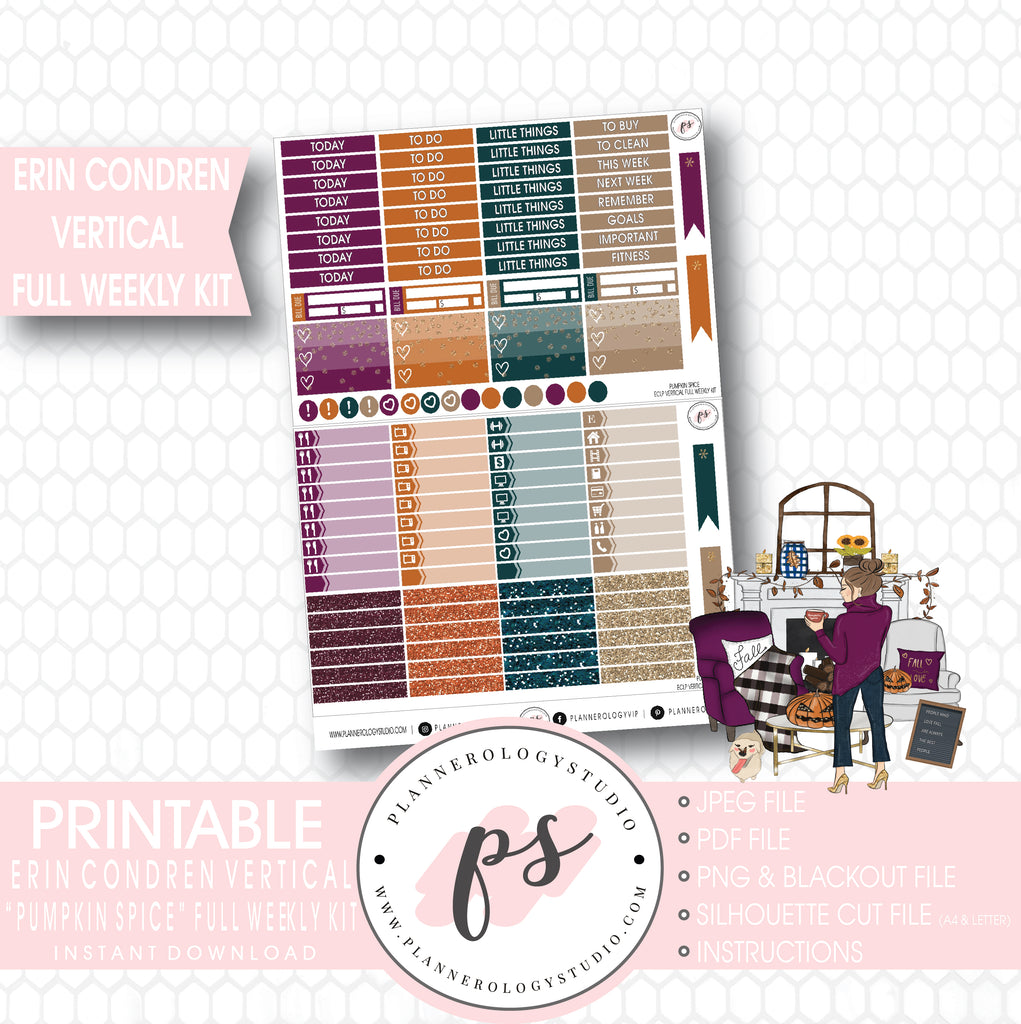 Pumpkin Spice Fall Full Weekly Kit Printable Planner Stickers (for use with Erin Condren Vertical) - Plannerologystudio