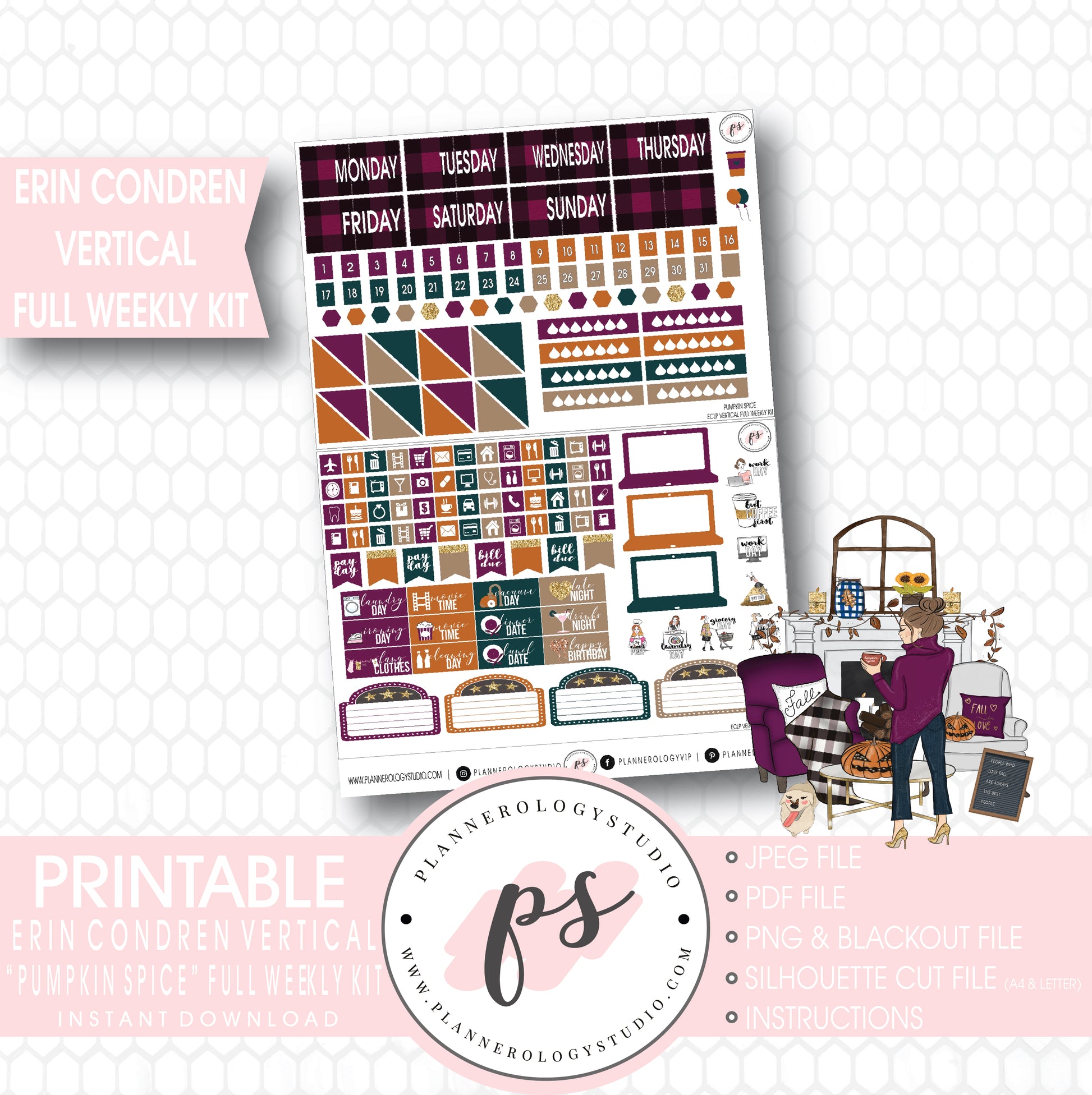 Pumpkin Spice Fall Full Weekly Kit Printable Planner Stickers (for use with Erin Condren Vertical) - Plannerologystudio