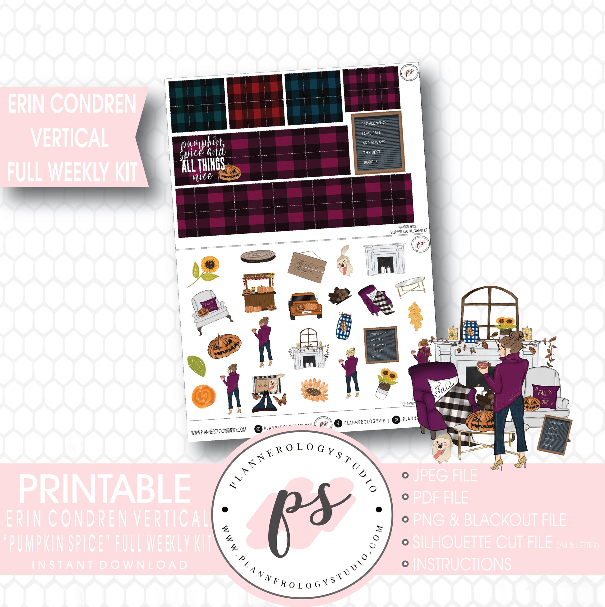 Pumpkin Spice Fall Full Weekly Kit Printable Planner Stickers (for use with Erin Condren Vertical) - Plannerologystudio