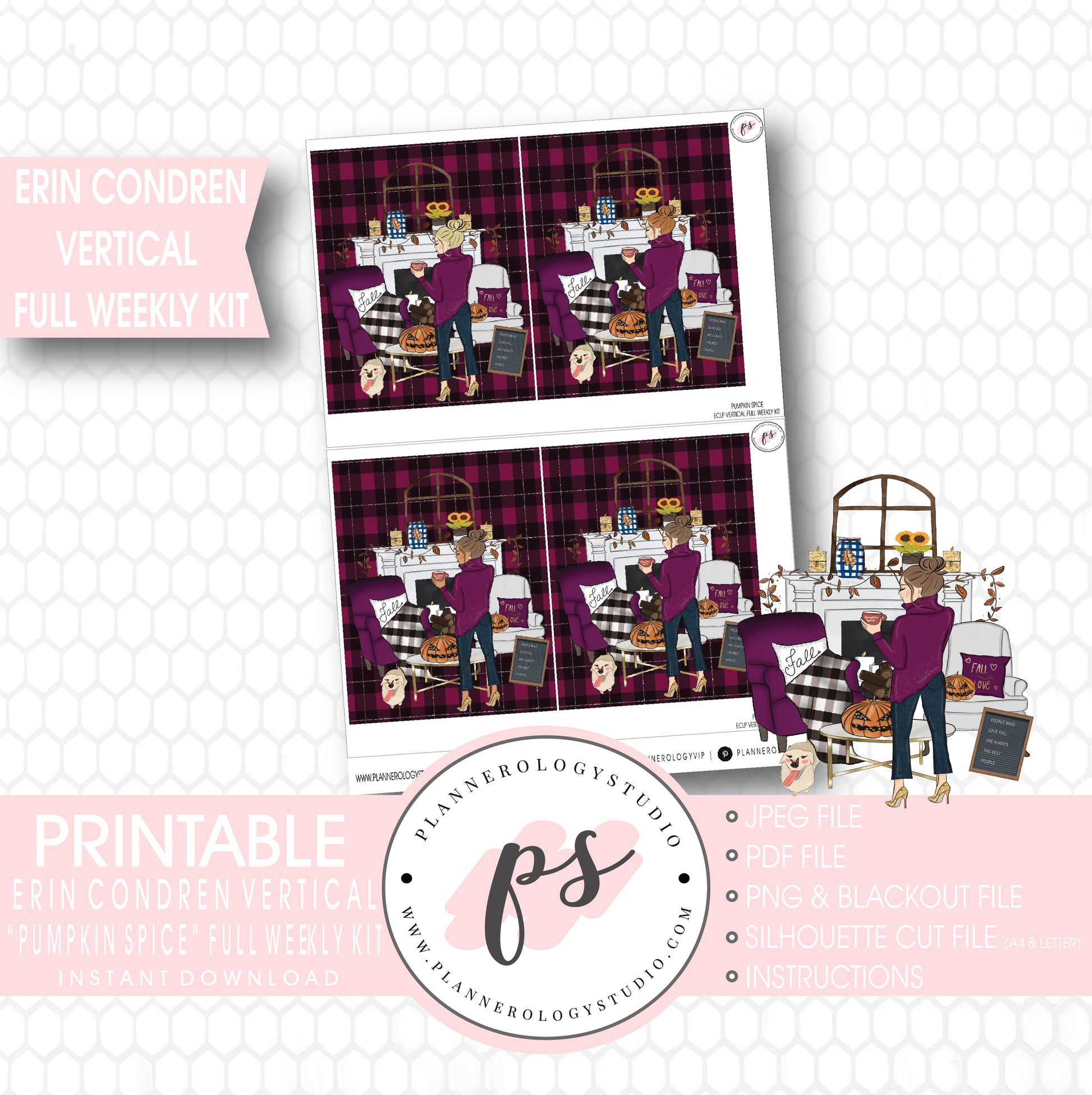 Pumpkin Spice Fall Full Weekly Kit Printable Planner Stickers (for use with Erin Condren Vertical) - Plannerologystudio