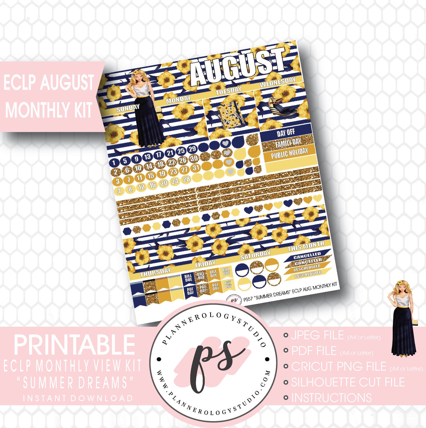 "Summer Dreams" August 2017 Monthly View Kit Printable Planner Stickers (for use with ECLP) - Plannerologystudio