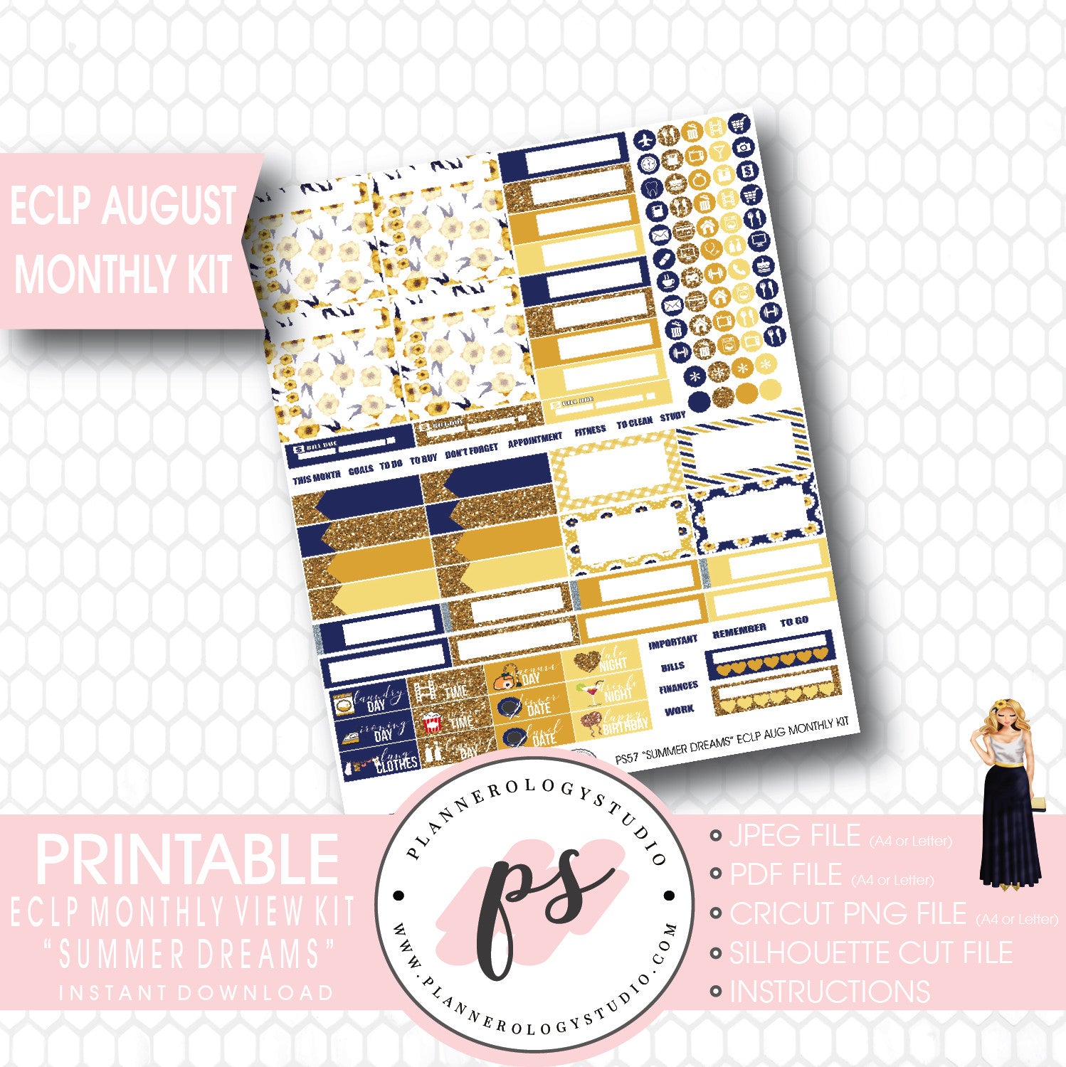 "Summer Dreams" August 2017 Monthly View Kit Printable Planner Stickers (for use with ECLP) - Plannerologystudio