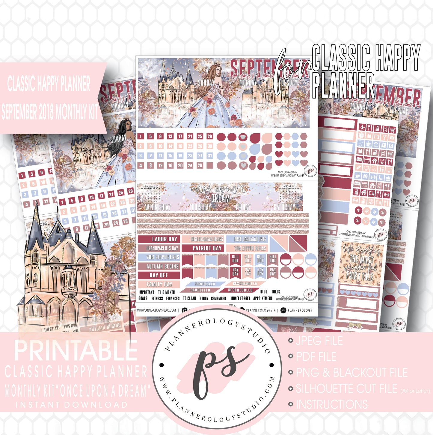 Once Upon a Dream September 2018 Monthly View Kit Digital Printable Planner Stickers (for use with Classic Happy Planner) - Plannerologystudio