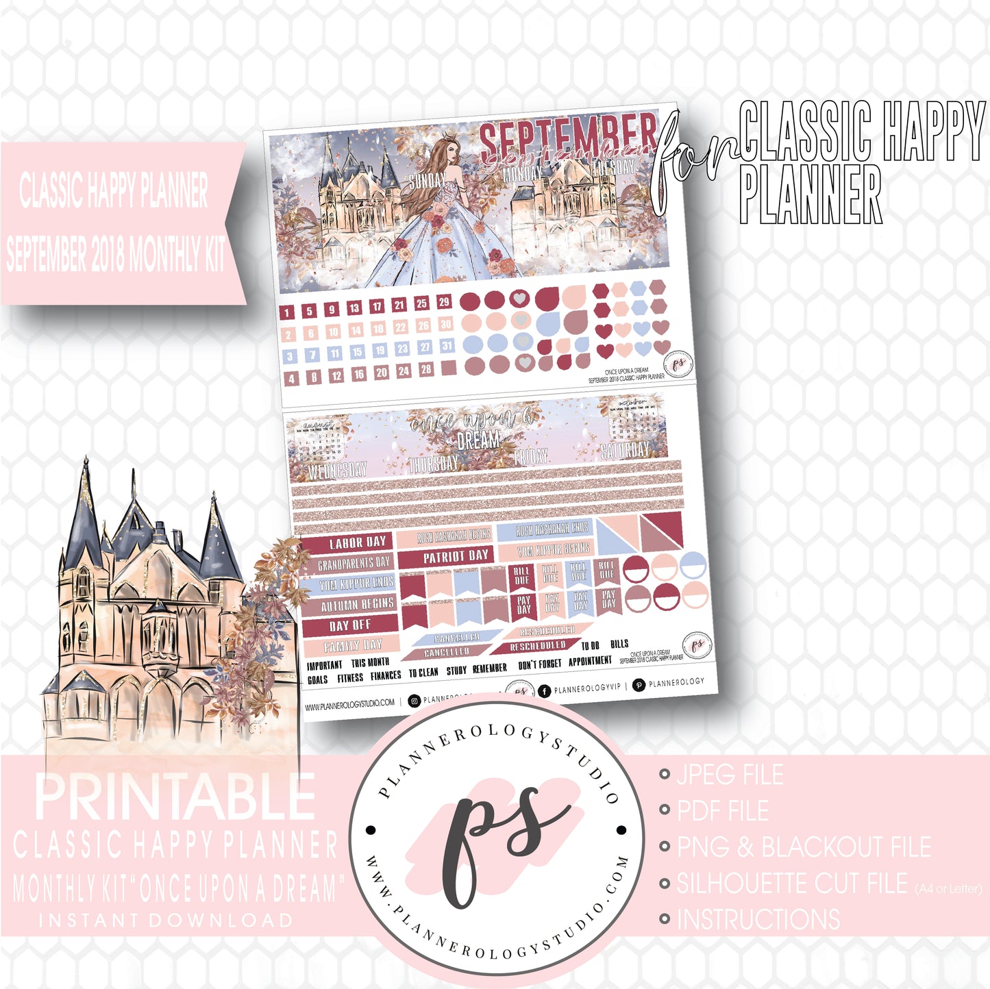 Once Upon a Dream September 2018 Monthly View Kit Digital Printable Planner Stickers (for use with Classic Happy Planner) - Plannerologystudio