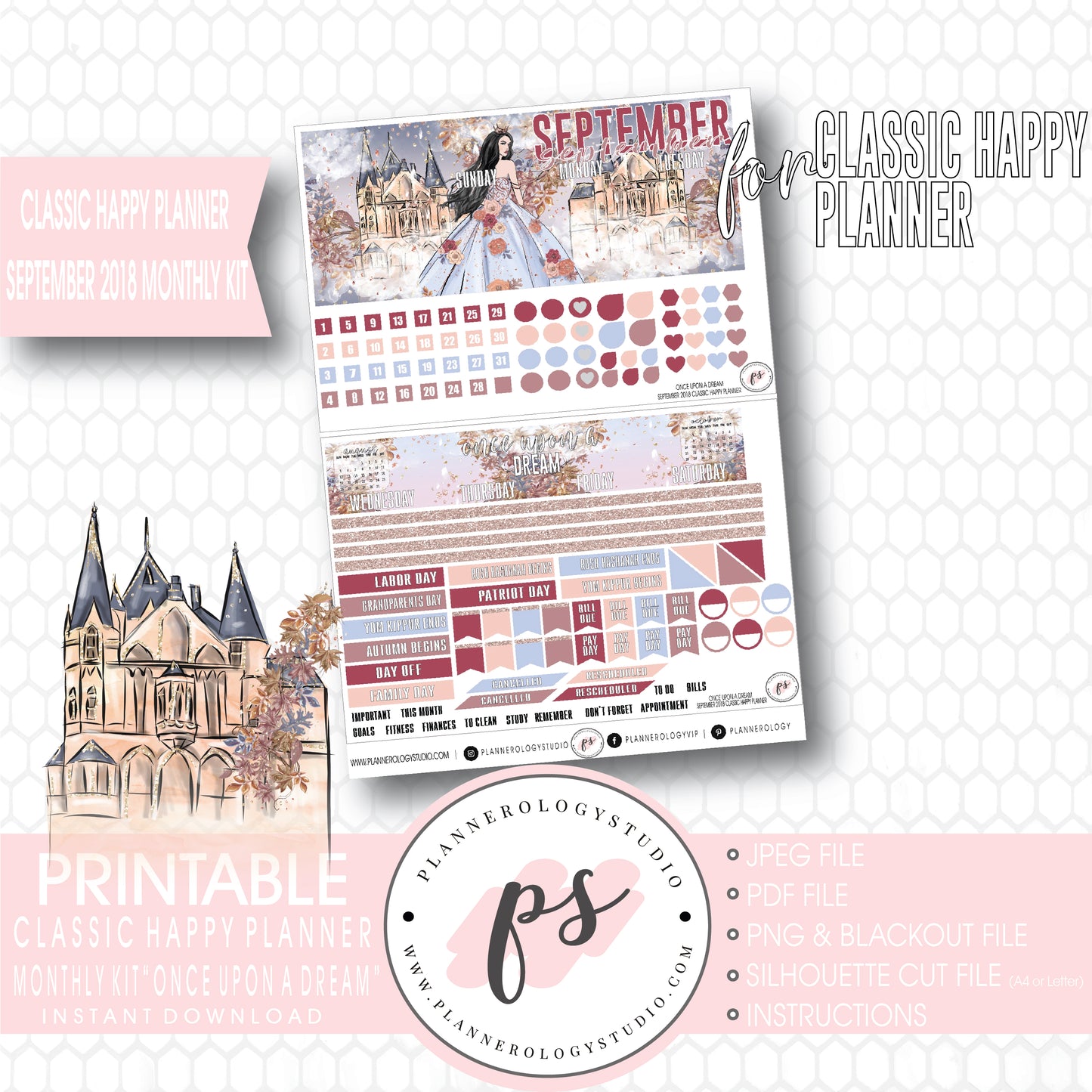 Once Upon a Dream September 2018 Monthly View Kit Digital Printable Planner Stickers (for use with Classic Happy Planner) - Plannerologystudio