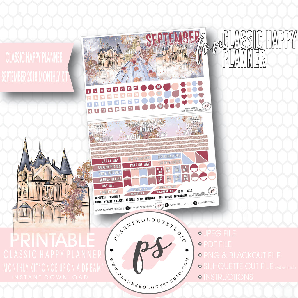 Once Upon a Dream September 2018 Monthly View Kit Digital Printable Planner Stickers (for use with Classic Happy Planner) - Plannerologystudio