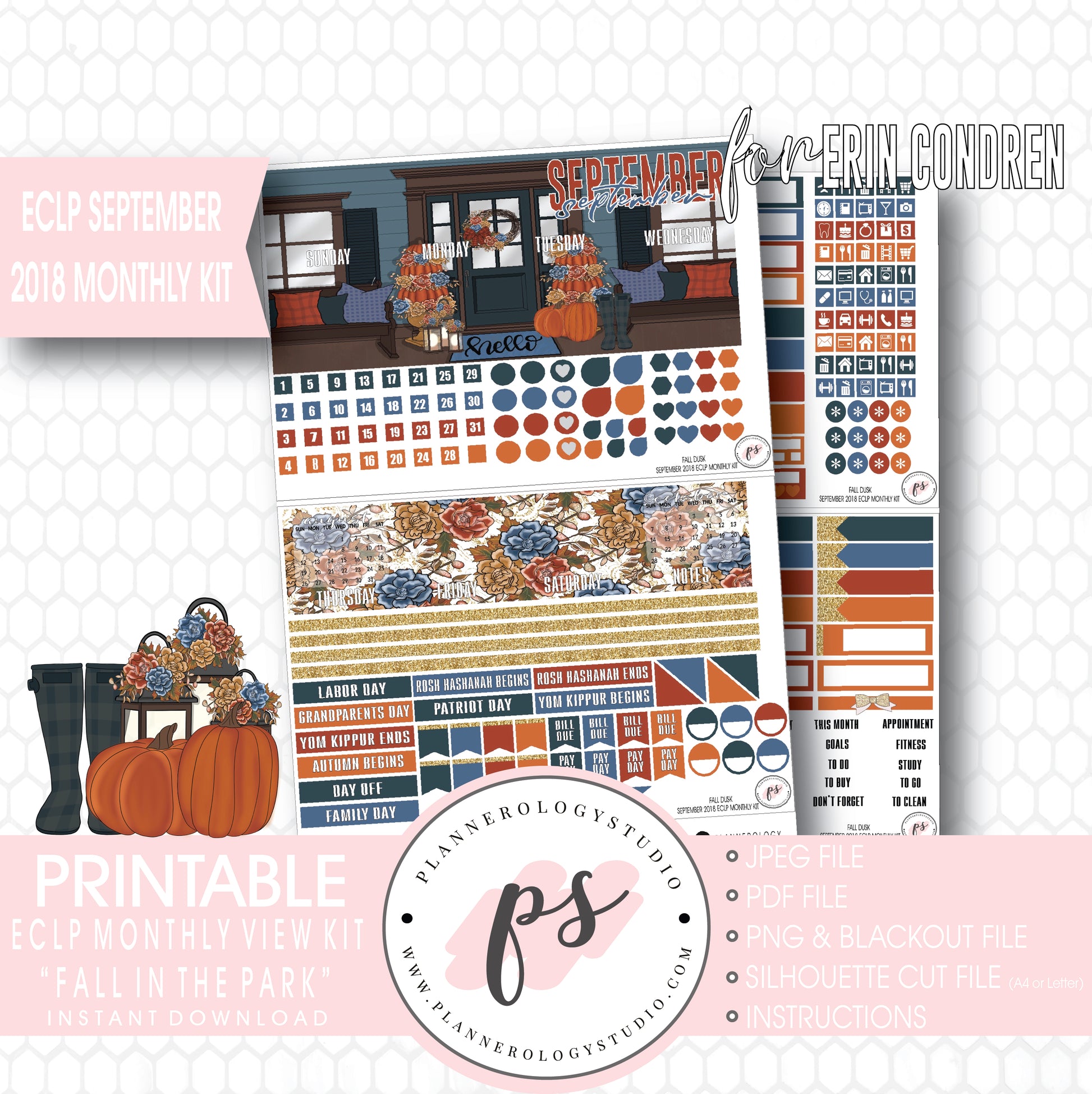 Fall Dusk September 2018 Monthly View Kit Digital Printable Planner Stickers (for use with Erin Condren) - Plannerologystudio