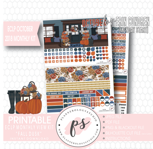 Fall Dusk October Monthly View Kit Digital Printable Planner Stickers (for use with Erin Condren) (Undated and Monday Start) - Plannerologystudio