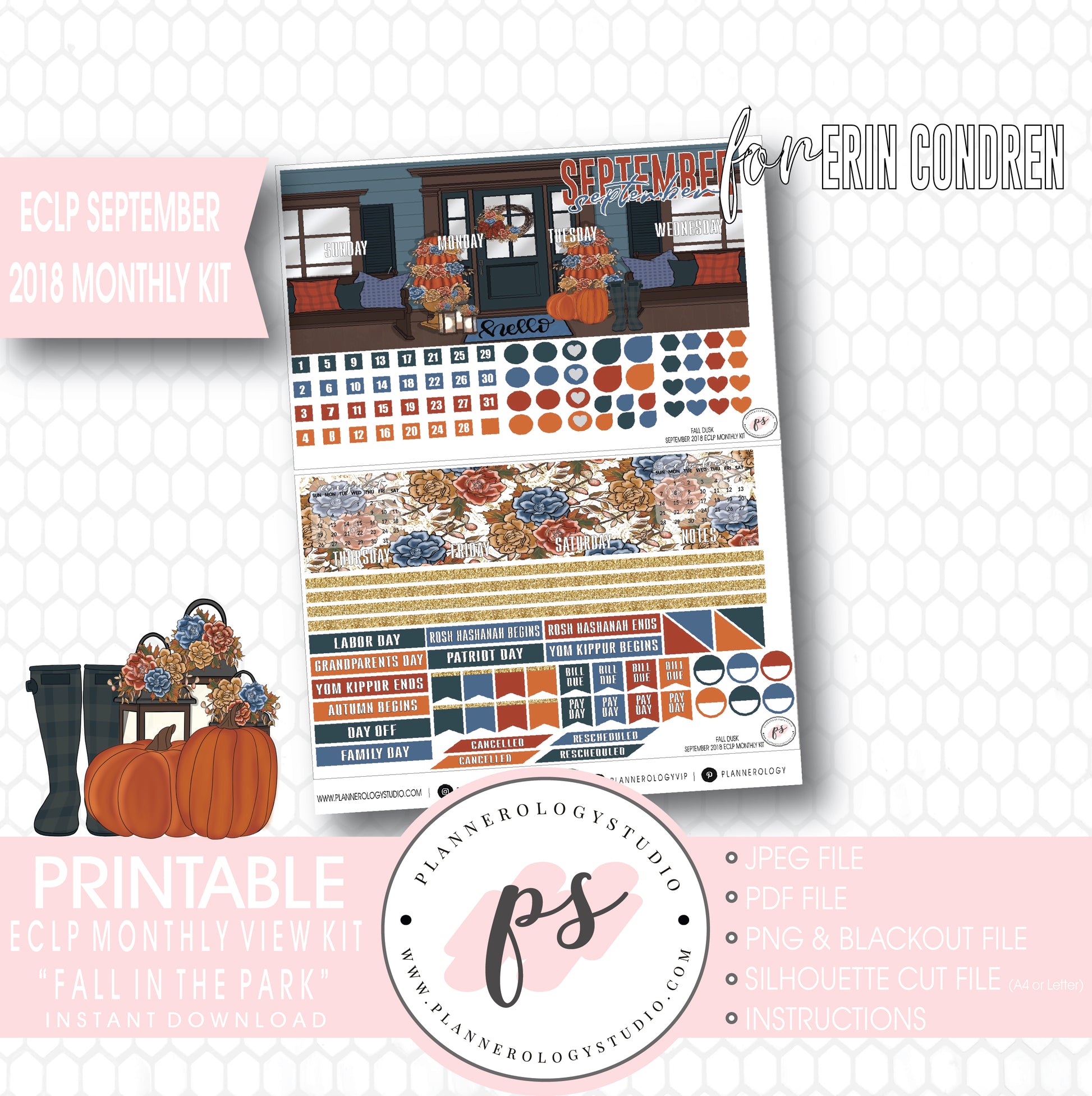 Fall Dusk September 2018 Monthly View Kit Digital Printable Planner Stickers (for use with Erin Condren) - Plannerologystudio