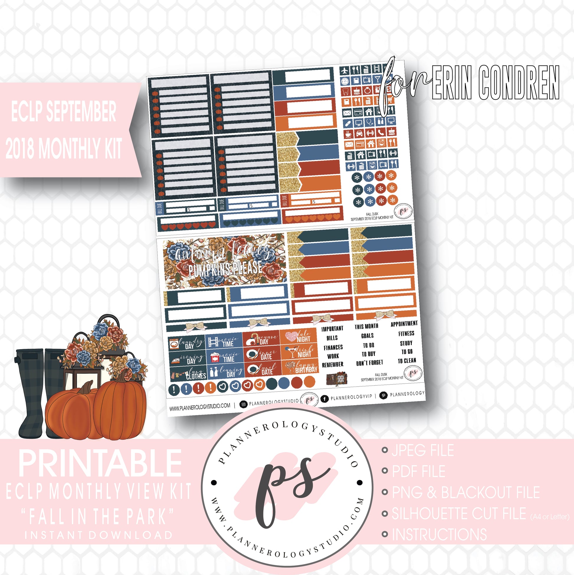 Fall Dusk September 2018 Monthly View Kit Digital Printable Planner Stickers (for use with Erin Condren) - Plannerologystudio