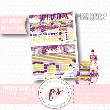 Let's Plan September 2018 Monthly View Kit Digital Printable Planner Stickers (for use with Erin Condren) - Plannerologystudio