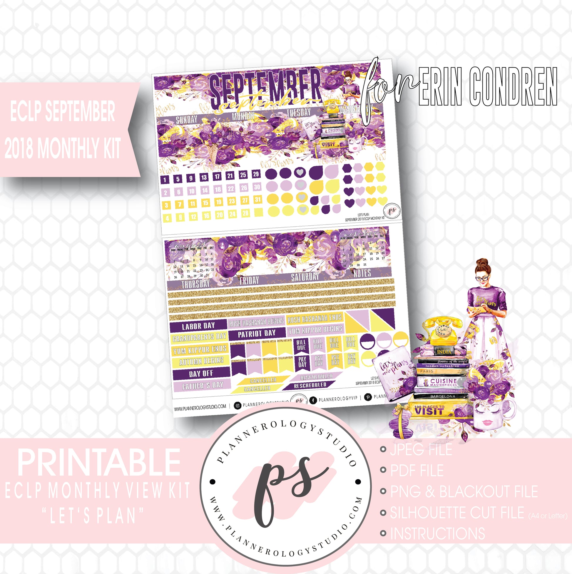 Let's Plan September 2018 Monthly View Kit Digital Printable Planner Stickers (for use with Erin Condren) - Plannerologystudio