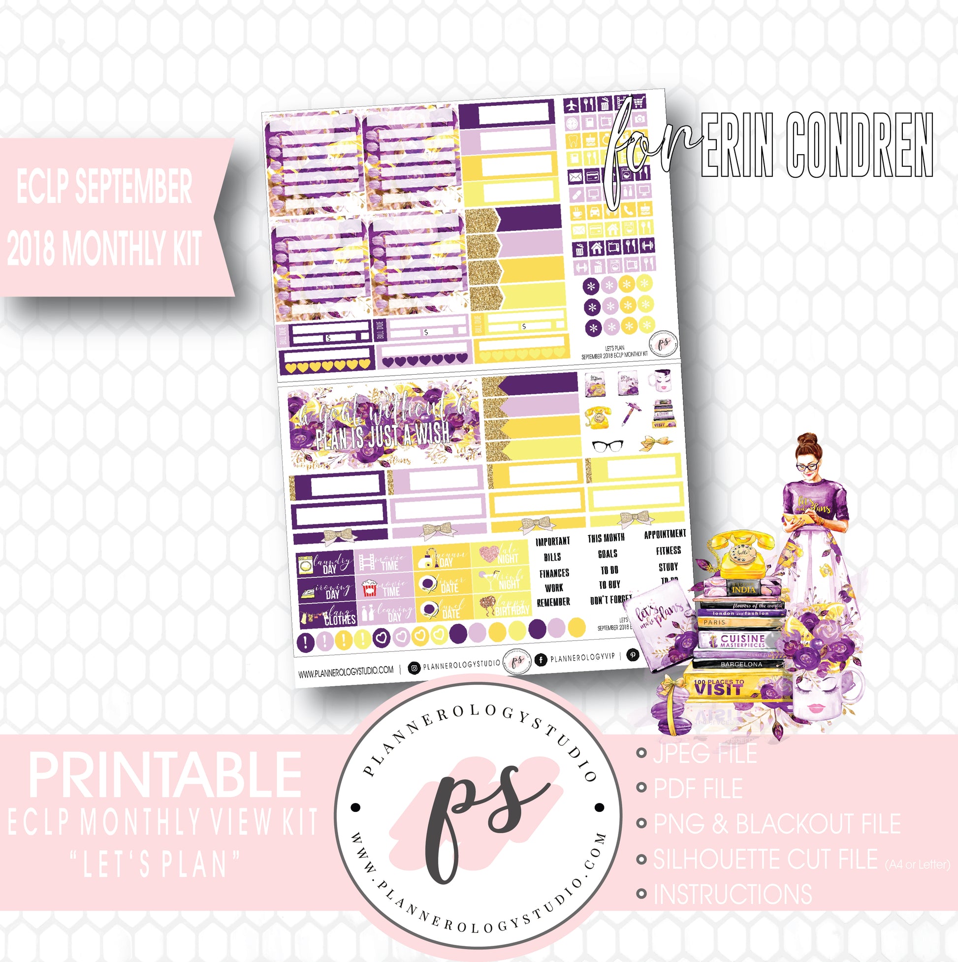 Let's Plan September 2018 Monthly View Kit Digital Printable Planner Stickers (for use with Erin Condren) - Plannerologystudio