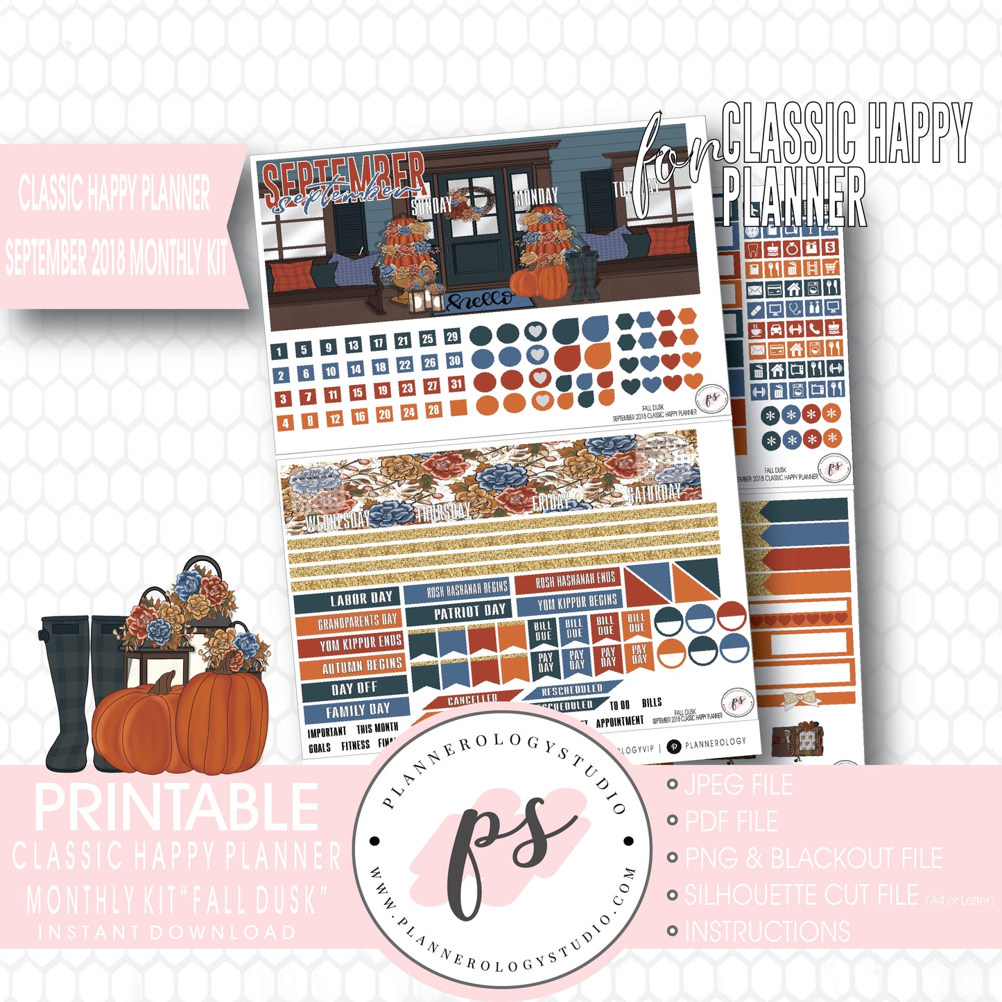 Fall Dusk September 2018 Monthly View Kit Digital Printable Planner Stickers (for use with Classic Happy Planner) - Plannerologystudio