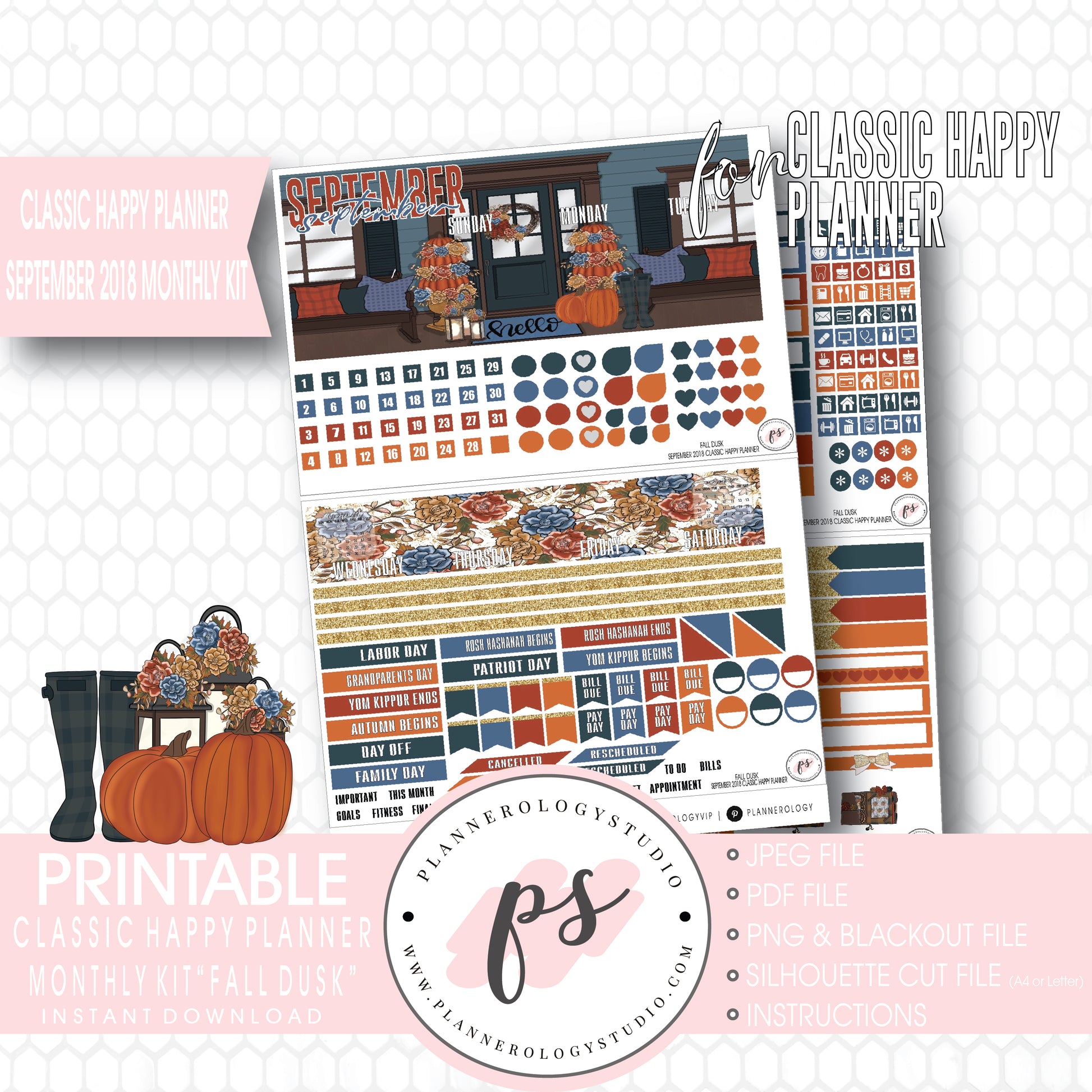 Fall Dusk September 2018 Monthly View Kit Digital Printable Planner Stickers (for use with Classic Happy Planner) - Plannerologystudio