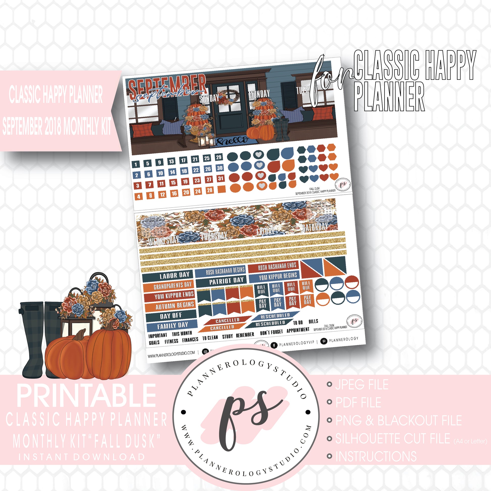 Fall Dusk September 2018 Monthly View Kit Digital Printable Planner Stickers (for use with Classic Happy Planner) - Plannerologystudio